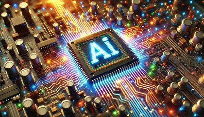 Poster - AI word on microchip and colorful light spread with strong beam	