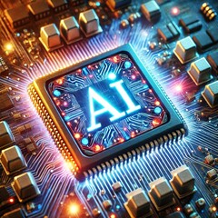 Poster - AI word on microchip and colorful light spread with strong beam	