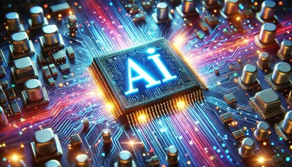 Poster - AI word on microchip and colorful light spread with strong beam	