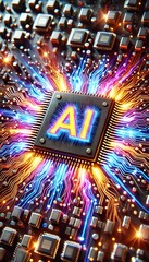 Poster - AI word on microchip and colorful light spread with strong beam	