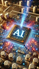 Poster - AI word on microchip and colorful light spread with strong beam	