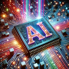Poster - AI word on microchip and colorful light spread with strong beam	