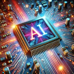 Poster - AI word on microchip and colorful light spread with strong beam	