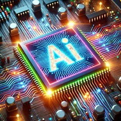 Poster - AI word on microchip and colorful light spread with strong beam	