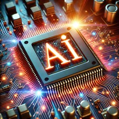 Poster - AI word on microchip and colorful light spread with strong beam	