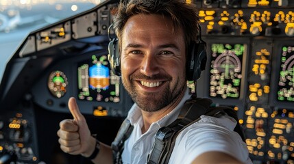 Wall Mural - A man in a pilot's uniform is smiling and giving a thumbs up