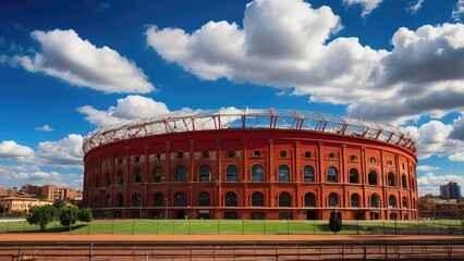 Wall Mural - A historic brick arena with decorative arches and a red roof,