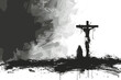 © Lion - Cross is shown with a man kneeling in front of it. The background is dark and blurry. flat vector illustration
