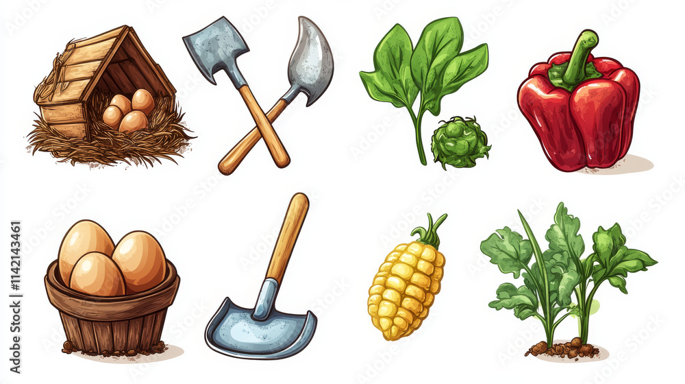 Farm game icon set. Cartoon vector props collection consisting of ...