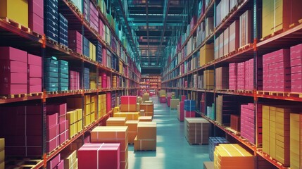 Wall Mural - Colorful Warehouse Interior with Rows of Pallets