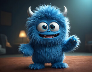 3d cute furry blue monster cartoon character beautiful eyes smiling face looking in cheerful mood