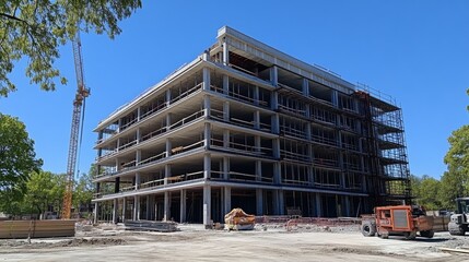 Wall Mural - Modern residential building under construction with cranes and clear blue sky