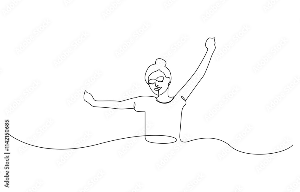 Continuous line art or One Line Drawing of a woman stretching arms is ...