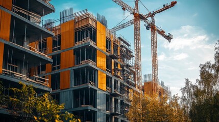 Wall Mural - New apartment building under construction with cranes and scaffolding