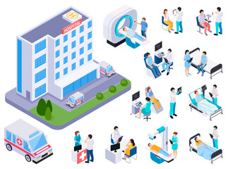 Wall Mural - isometric hospital scene with medical activities