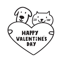 Wall Mural - Cute dog and cat hugging a heart. Happy Valentine's day design. Outline hand drawn illustration on white background.