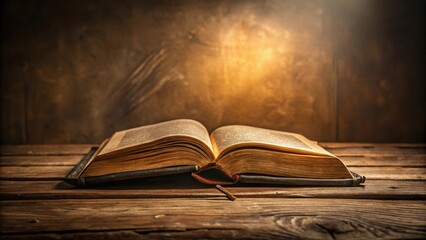 Old leather-bound holy bible lying open on a wooden desk in a dimly lit study, wooden, book,  wooden, book