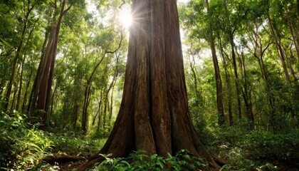 rosewood tree in a dense forest with sunlight filtering through
