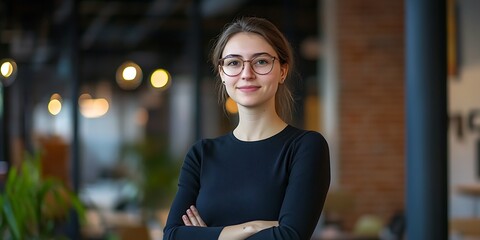 portrait of female web developer standing confidently in tech workspace, smiling, professional shot