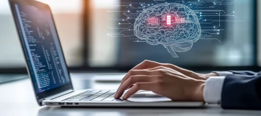 AI Artificial Intelligence – Businesswoman Using Machine Learning for Data Analysis and Coding with Digital Brain on Virtual Screen