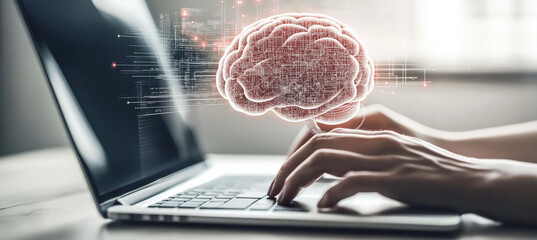 AI Artificial Intelligence – Businesswoman Using Machine Learning for Data Analysis and Coding with Digital Brain on Virtual Screen