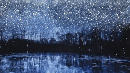 night sky, stars, rain, reflection, lake, trees, forest, dark, blue, nature, landscape.