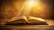 © lapeepon - Ancient leather-bound book lying open on a wooden table with soft natural light illuminating the pages, revealing golden ink and yellowed parchment, vintage reading material, golden ink