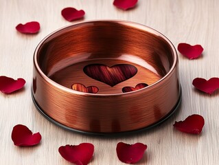 Wall Mural - A copper bowl surrounded by red heart-shaped petals, symbolizing love and affection, perfect for romantic settings.