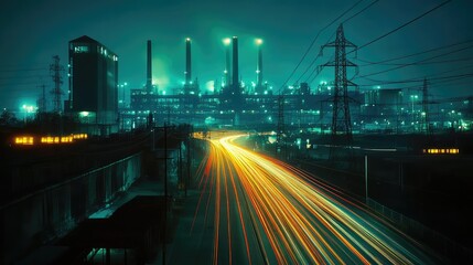 Canvas Print - Nighttime Industrial Landscape with Light Trails from Vehicles