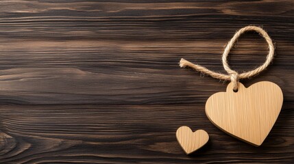 Wall Mural - Two wooden heart decorations lie on a rustic wooden surface, symbolizing love and affection in a warm and inviting way.