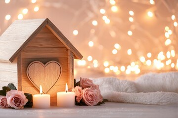 Wall Mural - A cozy wooden house with a heart design is illuminated by candles and surrounded by roses, set against a backdrop of soft fairy lights.