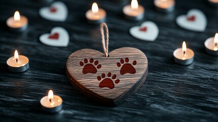 Wall Mural - A wooden heart with paw prints surrounded by small candles and heart-shaped decorations, creating a warm, romantic atmosphere.