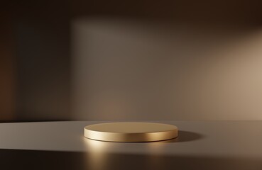 Gold empty podium or pedestal for product presentation, showcase of beauty and cosmetics product. Round mockup platform on dark background. 3d rendering	