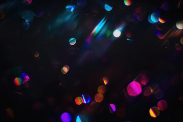 Wall Mural - Vibrant abstract rainbow light reflections on dark background. Ideal for creative design, futuristic theme, colorful effects. Blurry sparkling particles in the air, festive light effect