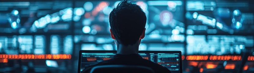 Person Working in Front of Computer Screens in Dark Environment