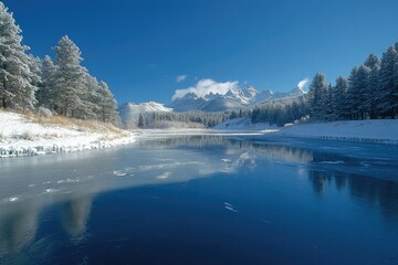 Wall Mural - Partially frozen river reflecting snowy mountains and trees in winter