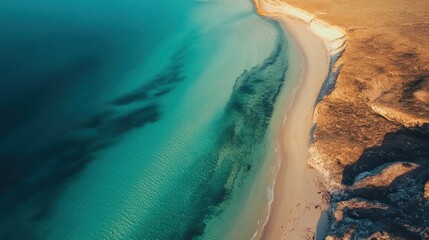 Canvas Print - Aerial View of a Sandy Beach Meeting Turquoise Ocean