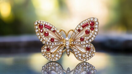 Wall Mural - Elegant Butterfly Brooch Adorned with Gems and Sparkling Crystals