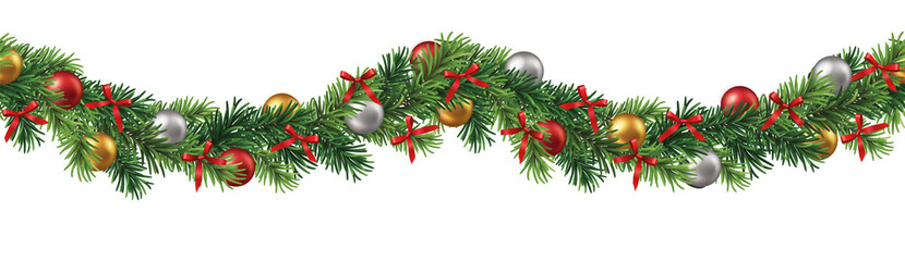 Wall Mural - seamless pattern or decorative border with green branches and christmas ornaments and ribbons on tra
