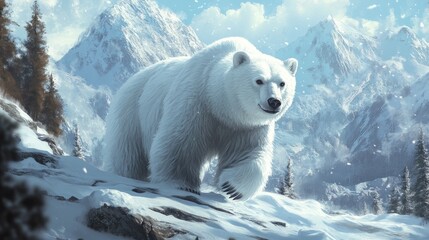 Sticker - Majestic Polar Bear in Snowy Mountain Landscape