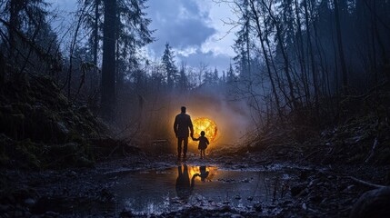 Poster - A magical journey through a mystical forest with a child enchanted glow nature photography dreamlike environment