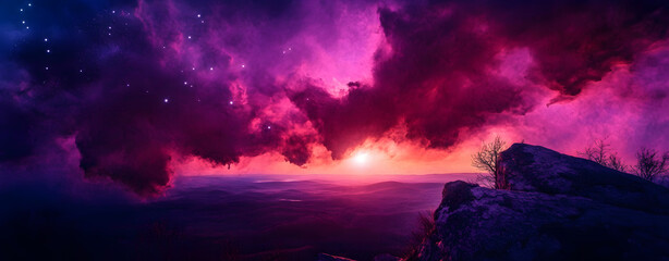 Wall Mural - atmospheric galaxy panorama. contemporary pink and purple wallpaper.