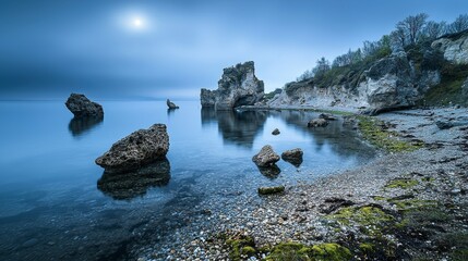 Wall Mural - Breathtaking nighttime shoreline scene unique rock formations tranquil ocean serene environment ethereal glow