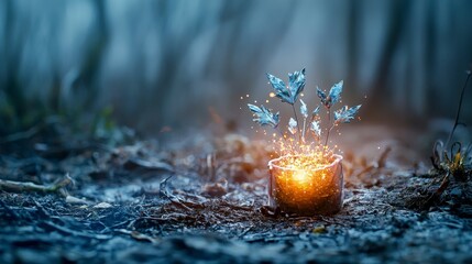 Leinwandbilder - Mysterious glowing pouch revealing sparkling plants enchanted forest digital art lush environment close-up view magic concept