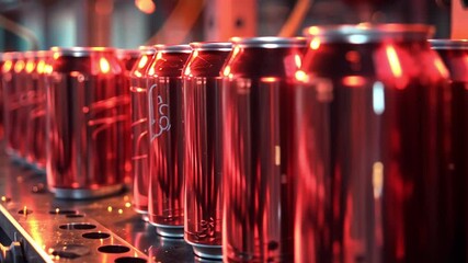 Aufkleber - This Brightly lit production area features rows of shiny red soda cans being filled and processed.