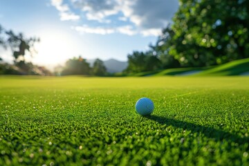 Wall Mural - Scenic golf field background with green grass and blue sky in natural light