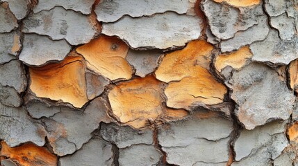 Gray and orange tree bark texture detail closeup