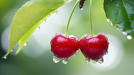 Aufkleber - Ripe cherries with drops of water on lush green leaves on a summer day : Generative AI