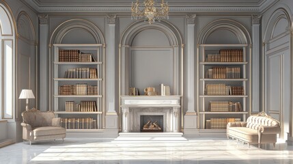 Wall Mural - Elegant library with marble fireplace, arched alcoves, and antique furniture.