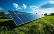 © Nattapat - Sustainable solar panel farm in a vibrant green field, perfect blue sky above, showcasing renewable energy solutions for agriculture, cinematic composition